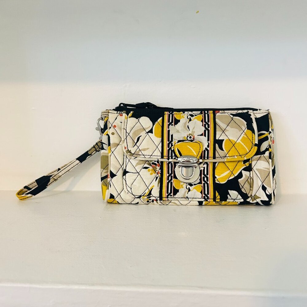 Vera Bradley Ultimate Wristlet Push Lock Wallet Quilted Sunflower Yellow Black